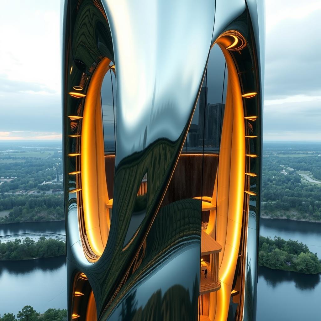 A stunning mirrored tower, featuring fluid and curved lines, proudly rising amidst the pristine nature south of a river