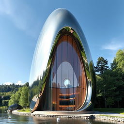 A stunning mirrored tower, featuring fluid and curved lines, proudly rising amidst the pristine nature south of a river