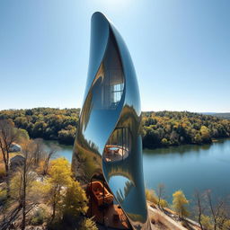 A stunning mirrored tower, featuring fluid and curved lines, proudly rising amidst the pristine nature south of a river