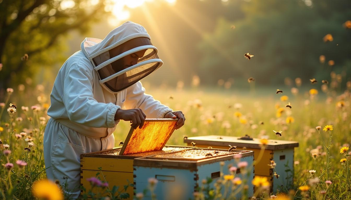A captivating scene depicting a skilled beekeeper working among vibrant beehives in a lush green meadow, surrounded by blooming wildflowers