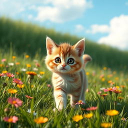 A cute little realistic cat walking through a lush green field, with vibrant wildflowers scattered throughout