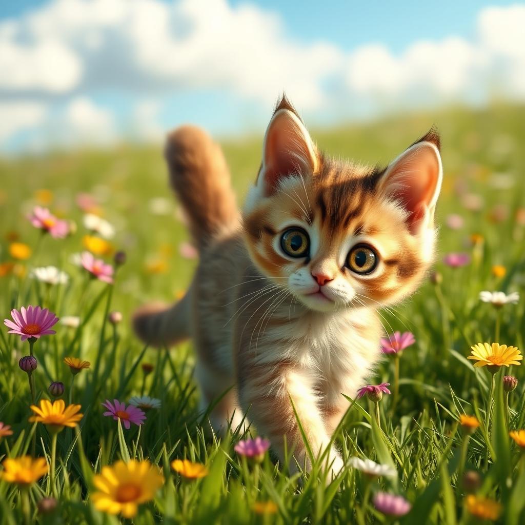 A cute little realistic cat walking through a lush green field, with vibrant wildflowers scattered throughout