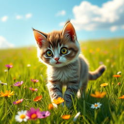 A cute little realistic cat walking through a lush green field, with vibrant wildflowers scattered throughout