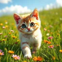 A cute little realistic cat walking through a lush green field, with vibrant wildflowers scattered throughout