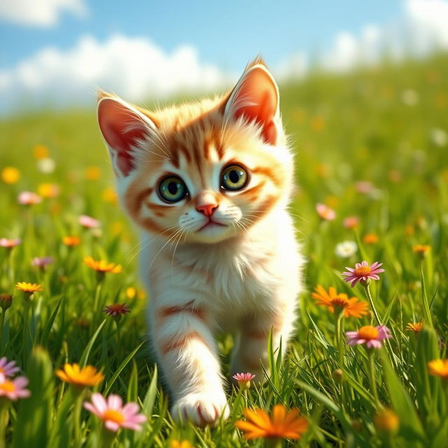 A cute little realistic cat walking through a lush green field, with vibrant wildflowers scattered throughout