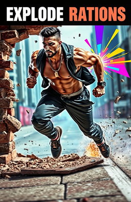 A surreal and dynamic album cover for 'Explode Rations', featuring a muscular man in mid-stride, running through a brick wall