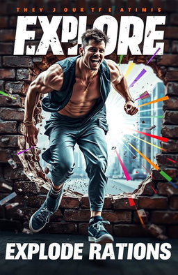 A surreal and dynamic album cover for 'Explode Rations', featuring a muscular man in mid-stride, running through a brick wall