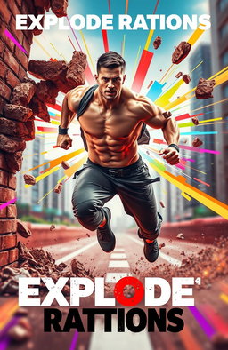 A surreal and dynamic album cover for 'Explode Rations', featuring a muscular man in mid-stride, running through a brick wall
