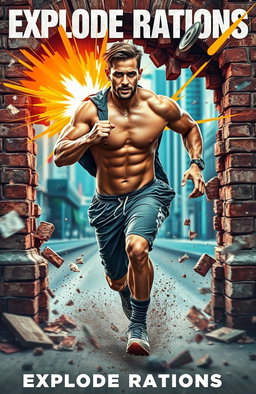 A surreal and dynamic album cover for 'Explode Rations', featuring a muscular man in mid-stride, running through a brick wall