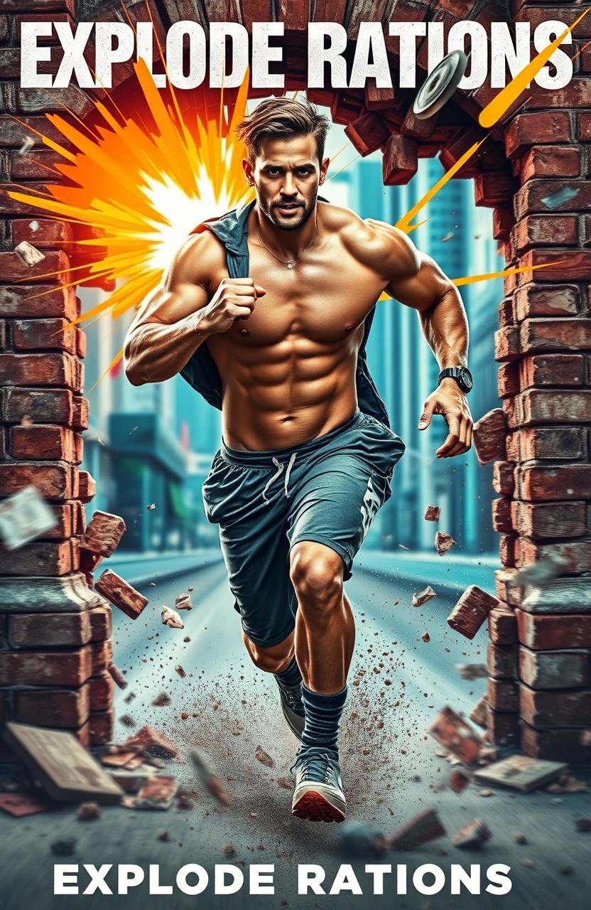 A surreal and dynamic album cover for 'Explode Rations', featuring a muscular man in mid-stride, running through a brick wall