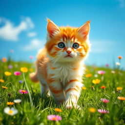 A cute little hyper-realistic cat walking gracefully in a lush green field under a bright blue sky