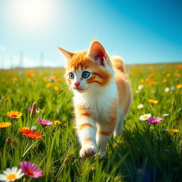 A cute little hyper-realistic cat walking gracefully in a lush green field under a bright blue sky