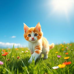 A cute little hyper-realistic cat walking gracefully in a lush green field under a bright blue sky