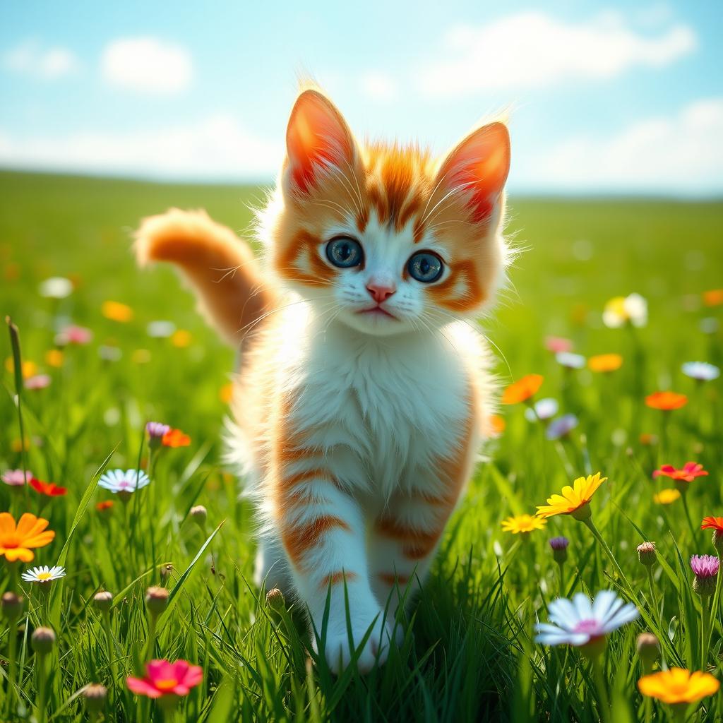 A cute little hyper-realistic cat walking gracefully in a lush green field under a bright blue sky