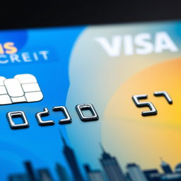 A close-up of a modern Visa credit card featuring a smooth plastic texture, vibrant color scheme with shades of blue and gold, embossed numbers and text
