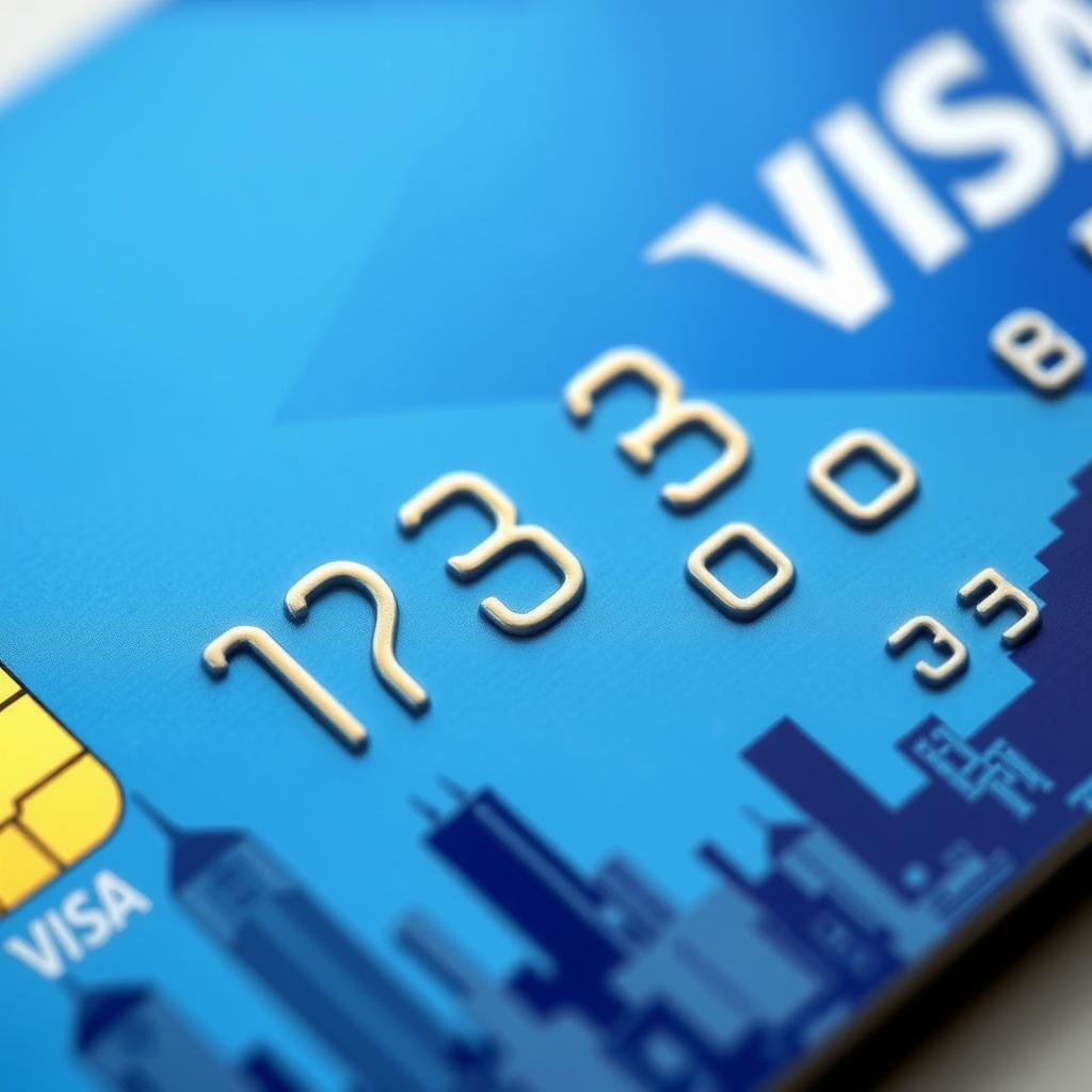 A close-up of a modern Visa credit card featuring a smooth plastic texture, vibrant color scheme with shades of blue and gold, embossed numbers and text