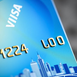 A close-up of a modern Visa credit card featuring a smooth plastic texture, vibrant color scheme with shades of blue and gold, embossed numbers and text