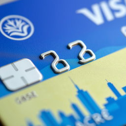 A close-up of a modern Visa credit card featuring a smooth plastic texture, vibrant color scheme with shades of blue and gold, embossed numbers and text