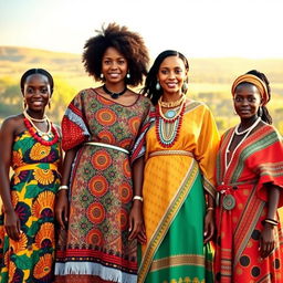 A stunning portrayal of women wearing traditional dresses from various regions of Africa, showcasing the continent's rich diversity