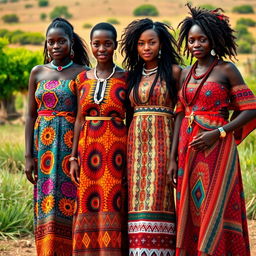 A stunning portrayal of women wearing traditional dresses from various regions of Africa, showcasing the continent's rich diversity