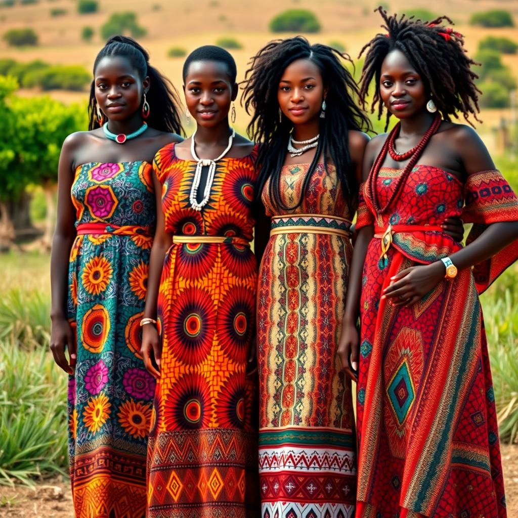 A stunning portrayal of women wearing traditional dresses from various regions of Africa, showcasing the continent's rich diversity