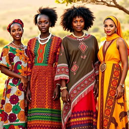 A stunning portrayal of women wearing traditional dresses from various regions of Africa, showcasing the continent's rich diversity