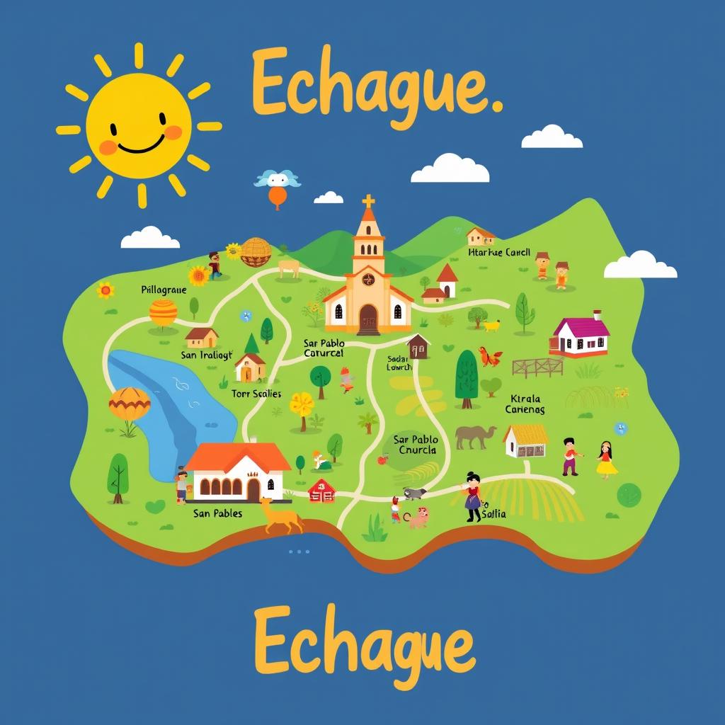 A colorful and whimsical cartoon-style map of Echague, Isabela, Philippines, featuring prominent landmarks like the San Pablo Church and rice fields