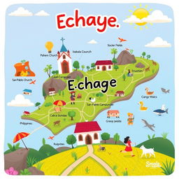 A colorful and whimsical cartoon-style map of Echague, Isabela, Philippines, featuring prominent landmarks like the San Pablo Church and rice fields