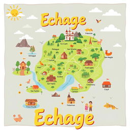 A colorful and whimsical cartoon-style map of Echague, Isabela, Philippines, featuring prominent landmarks like the San Pablo Church and rice fields