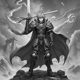A majestic human Paladin character in an anime style, depicted in a striking greyscale color palette