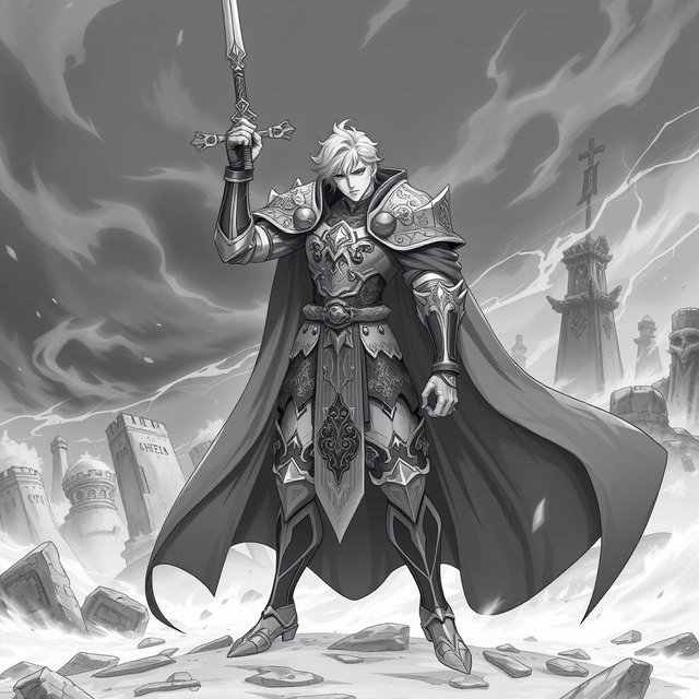 A majestic human Paladin character in an anime style, depicted in a striking greyscale color palette