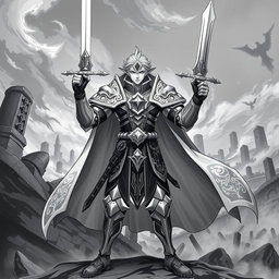 A majestic human Paladin character in an anime style, depicted in a striking greyscale color palette