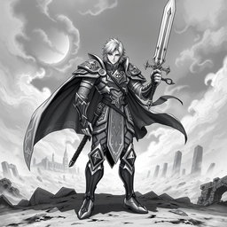 A majestic human Paladin character in an anime style, depicted in a striking greyscale color palette