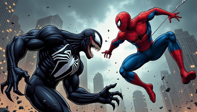 A dynamic and intense comic book style scene depicting an epic battle between Venom and Spider-Man