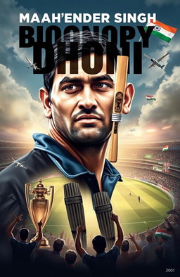 A detailed and artistic portrayal of the biography of Mahendra Singh Dhoni, highlighting his journey from a small town in Jharkhand, India, to becoming one of the greatest cricket captains in the history of the sport