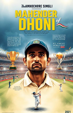 A detailed and artistic portrayal of the biography of Mahendra Singh Dhoni, highlighting his journey from a small town in Jharkhand, India, to becoming one of the greatest cricket captains in the history of the sport
