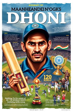 A detailed and artistic portrayal of the biography of Mahendra Singh Dhoni, highlighting his journey from a small town in Jharkhand, India, to becoming one of the greatest cricket captains in the history of the sport