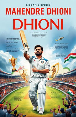 A detailed and artistic portrayal of the biography of Mahendra Singh Dhoni, highlighting his journey from a small town in Jharkhand, India, to becoming one of the greatest cricket captains in the history of the sport