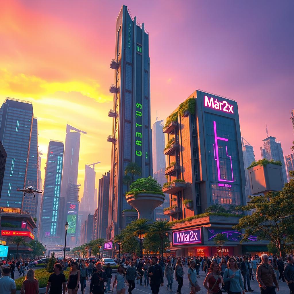 A stunning digital representation of a futuristic city at dusk, featuring towering skyscrapers with neon lights, hovering vehicles, and lush green parks integrated into the architecture