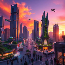 A stunning digital representation of a futuristic city at dusk, featuring towering skyscrapers with neon lights, hovering vehicles, and lush green parks integrated into the architecture