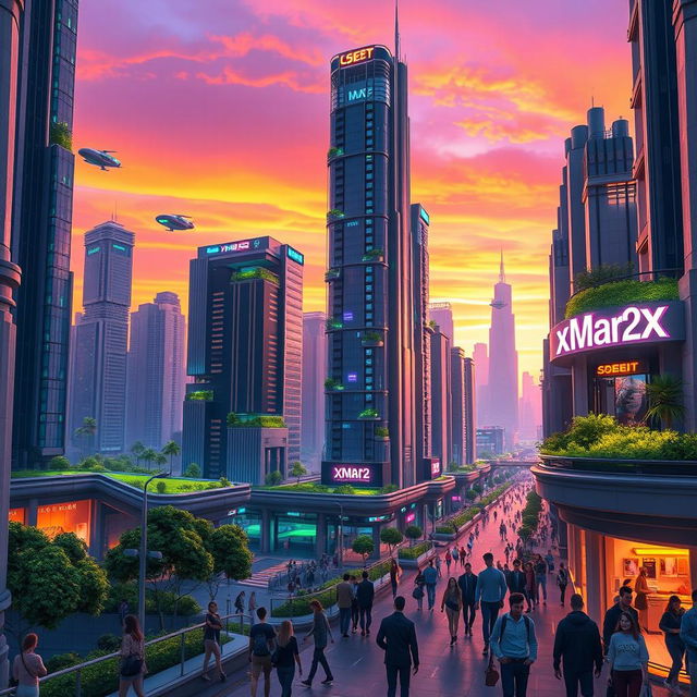 A stunning digital representation of a futuristic city at dusk, featuring towering skyscrapers with neon lights, hovering vehicles, and lush green parks integrated into the architecture