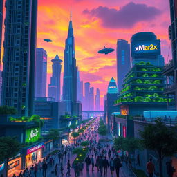 A stunning digital representation of a futuristic city at dusk, featuring towering skyscrapers with neon lights, hovering vehicles, and lush green parks integrated into the architecture