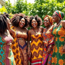A joyful scene showcasing a diverse group of West African, Northern African, and Southern African women celebrating together