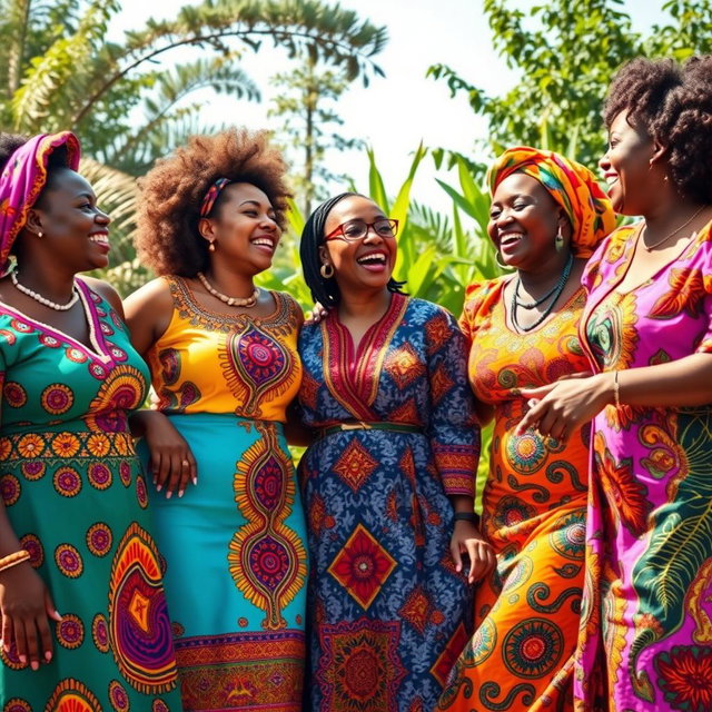 A joyful scene showcasing a diverse group of West African, Northern African, and Southern African women celebrating together