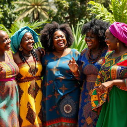 A joyful scene showcasing a diverse group of West African, Northern African, and Southern African women celebrating together