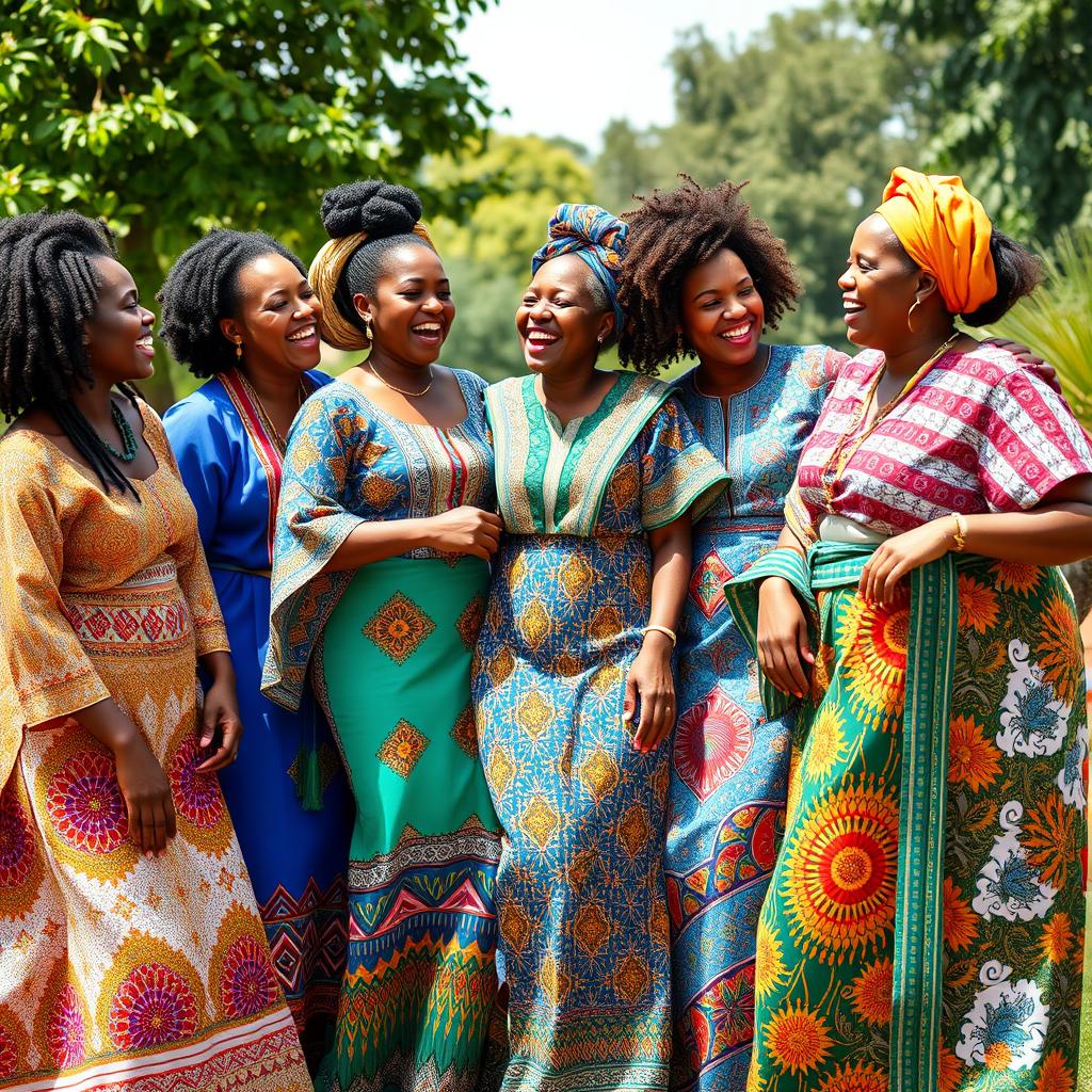 A joyful scene showcasing a diverse group of West African, Northern African, and Southern African women celebrating together