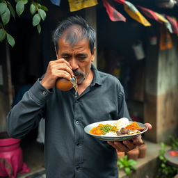A Nepali man standing outside his home, tears streaming down his face, expressing deep emotion