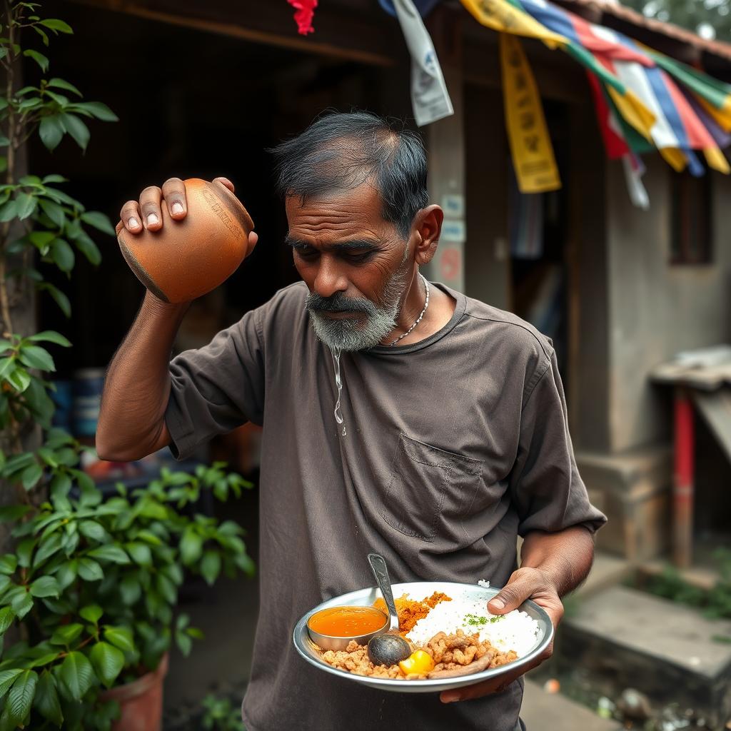 A Nepali man standing outside his home, tears streaming down his face, expressing deep emotion