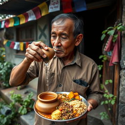 A Nepali man standing outside his home, tears streaming down his face, expressing deep emotion