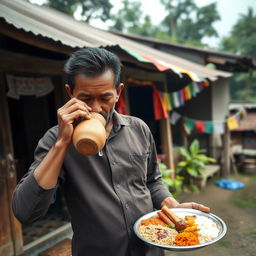 A Nepali man standing outside his home, tears streaming down his face, expressing deep emotion